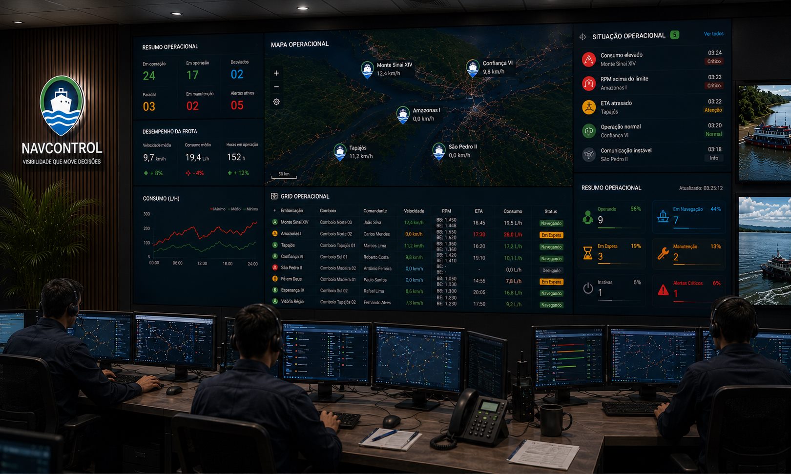 Centro de Operações NavControl com operadores monitorando a frota em videowall operacional