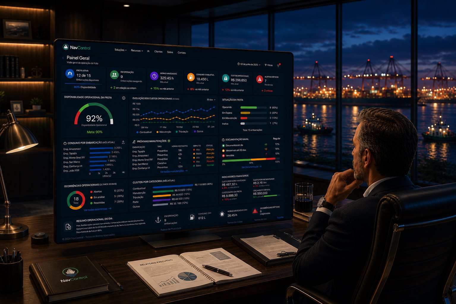 Diretor analisando o Painel Geral da operação no NavControl, com vista do porto ao fundo